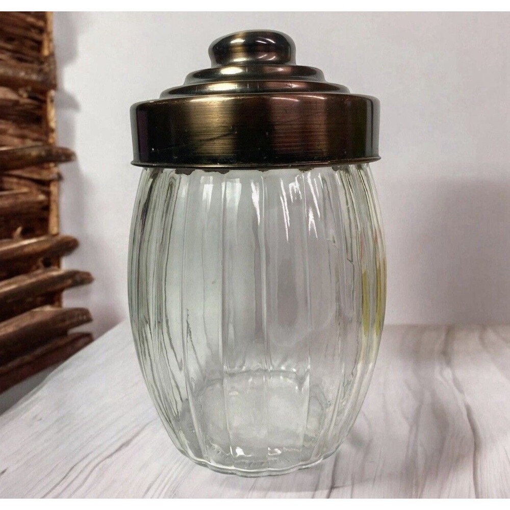 Ribbed Clear Glass Kitchen Canister Jar Bronze Tone Metal Lid 8” Pantry Storage